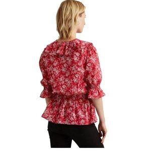 Lauren Floral Red Ruffle Peplum Women's Cotton Blouse Size Small Petite